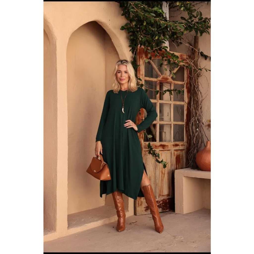 Vestido Feminino Midi Manga Longa com Bolso Inverno  Moda Comfy