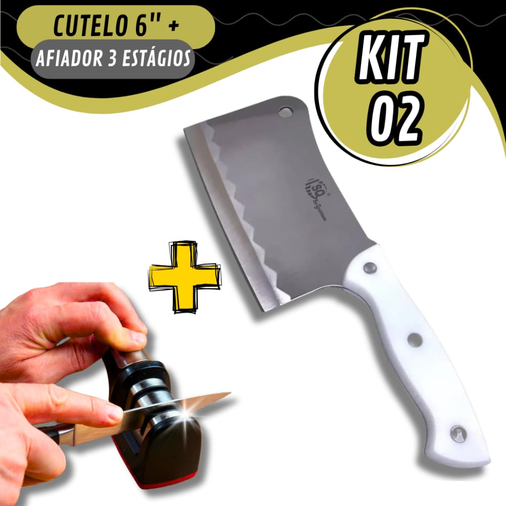 Cutelo 6 Polegadas Lâmina Premium + Afiador de Facas 3 Estágios Profissional Para Cozinha Top