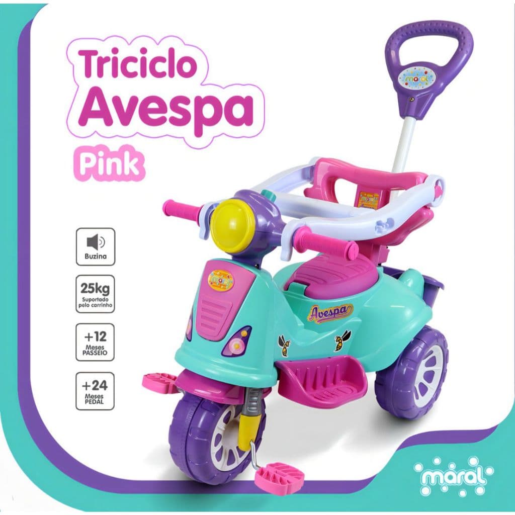 Triciclo Infantil Avespa Maral Com Empurrador Proteção Lateral Pedal Velocipe Completo Diversas Core