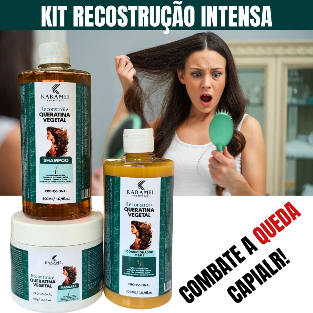 Kit Capilar Queratina Vegetal Shmapoo500ml Condicionador500ml e Máscara de Reconstrução 400g  Anti Queda Brilho Força