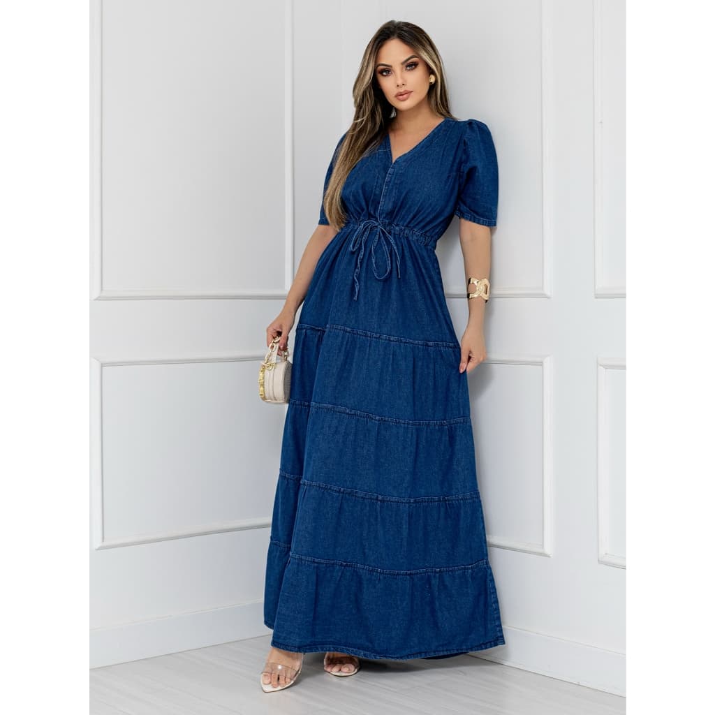 WL Moda Vestido jeans feminina longa manga bufante