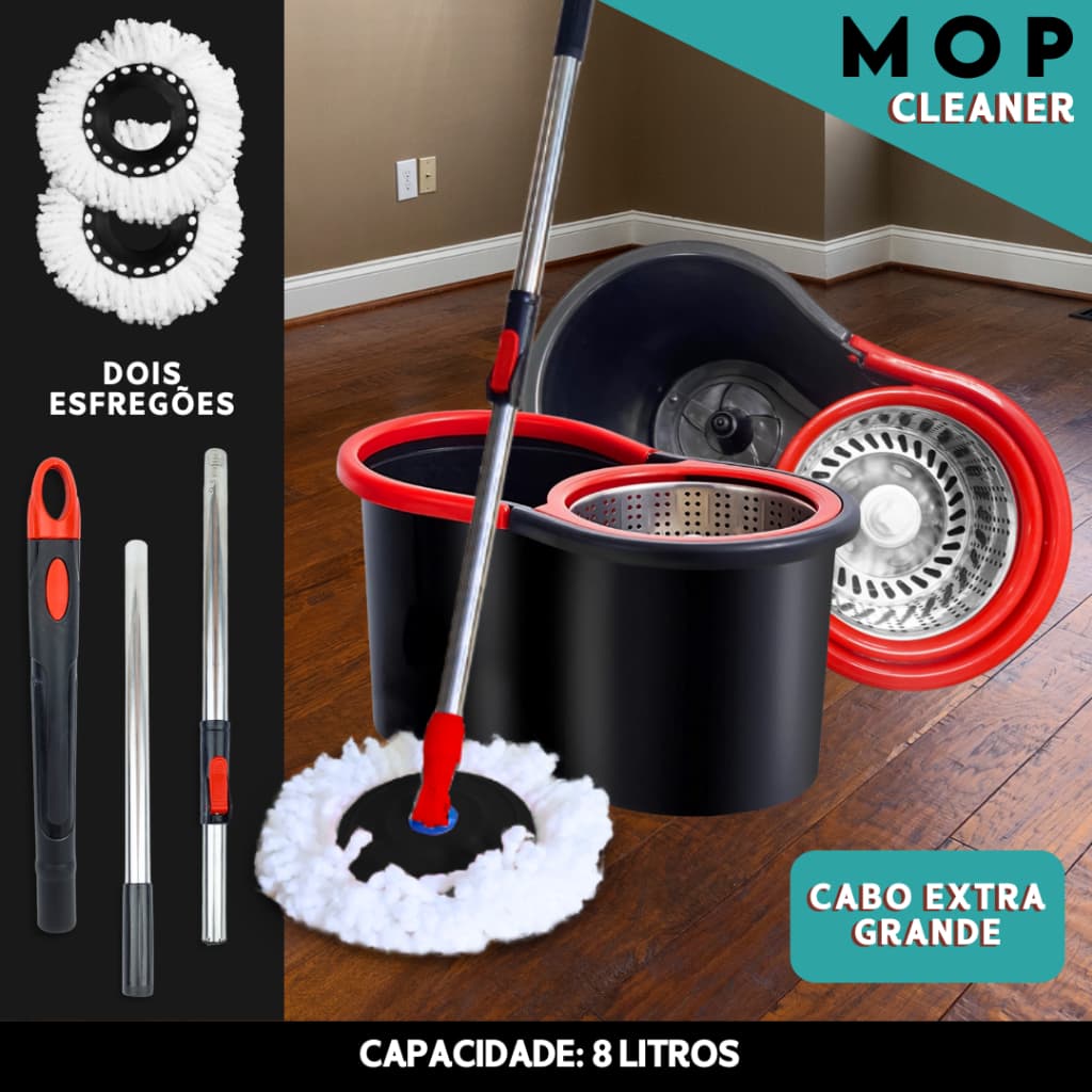 Mop 8 Litros Cesto Em Inox Balde Centrífuga C/ Cabo de 140 cm + 2 Refis - SHEFA