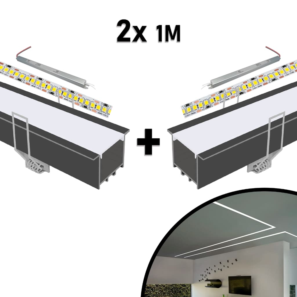 Perfil De Led Aluminio 2m 50x35mm Embutir Gesso com Fita de Led e Fonte + Presilhas e Acessórios