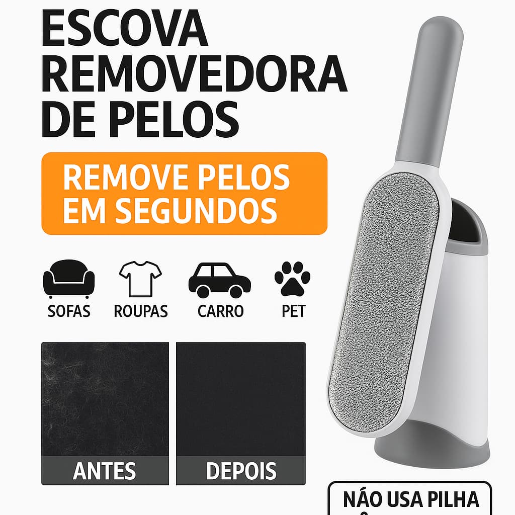 Escova Removedora de Pelos Pet | Tira Pelos de Roupas, Sofá, Cama e Carro | Reutilizável com Base