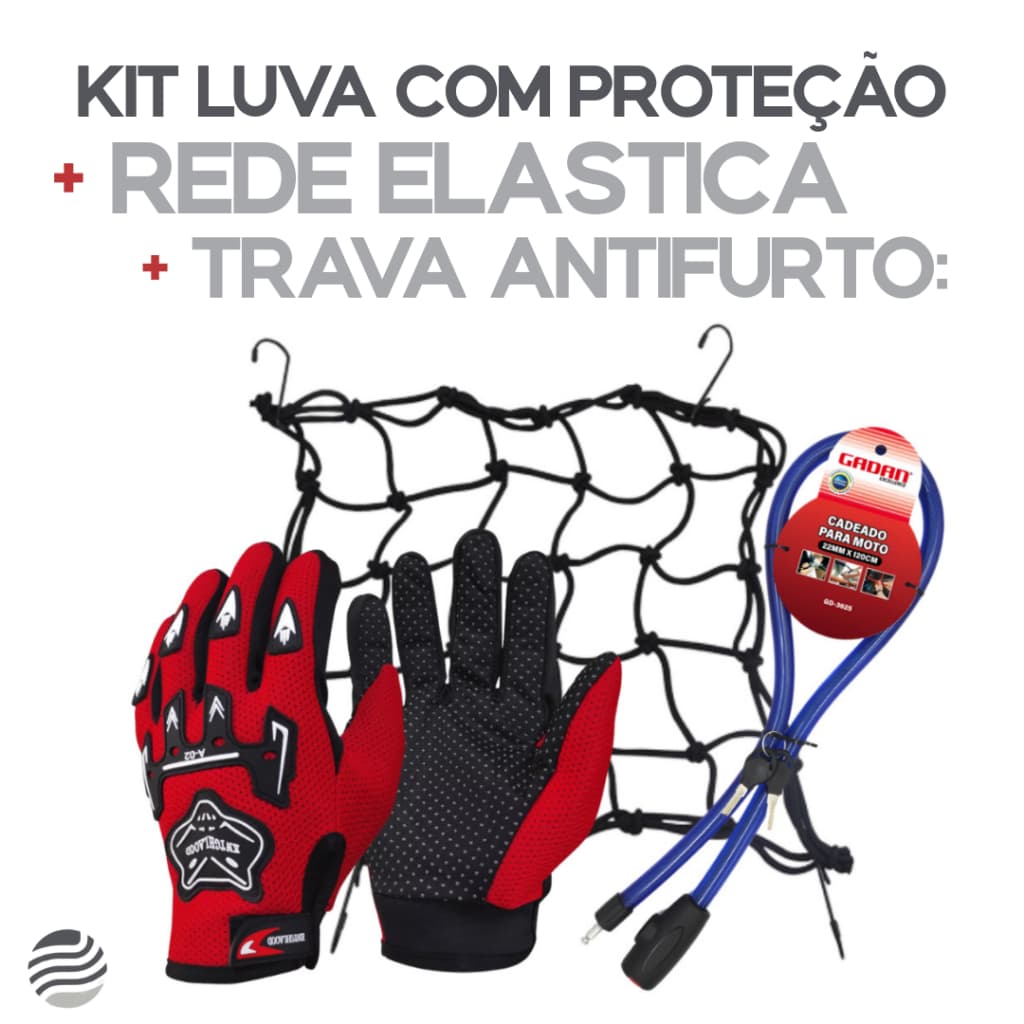 Kit Luva De Proteção + Trava Cabo de Aço 22mm x 120cm + Rede Elástica Aranha 30x30 p/ Motoqueiro