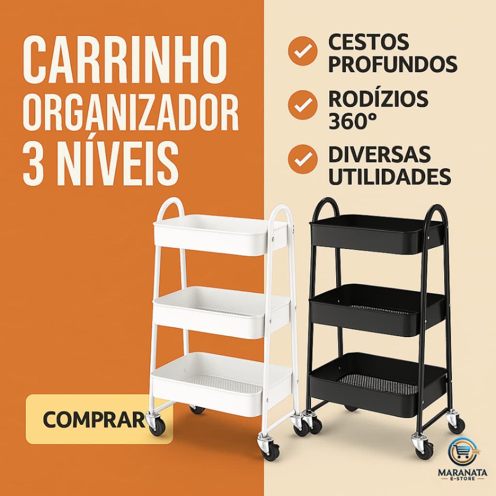 Prateleira de Metal Multiuso 3 Andares com Rodinhas – Organizador Versátil e Resistente