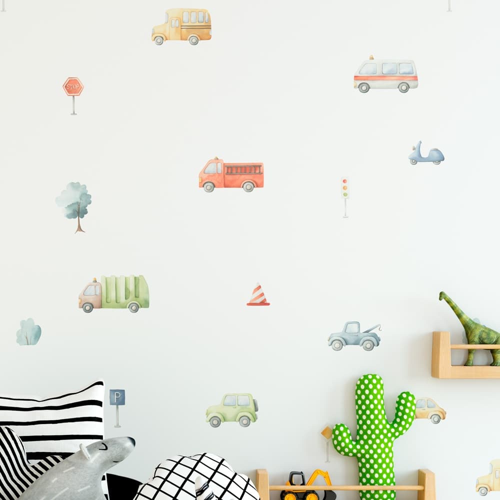Adesivos de Parede Infantil Aquarela Carrinhos, Placas de Sinalização, Semáforo e Árvore