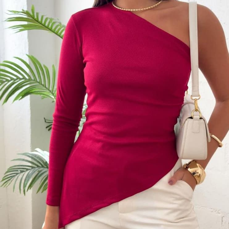 Blusa Feminina Nula Manga Longa Assimétrica Ribana Canelada Moda Tendência