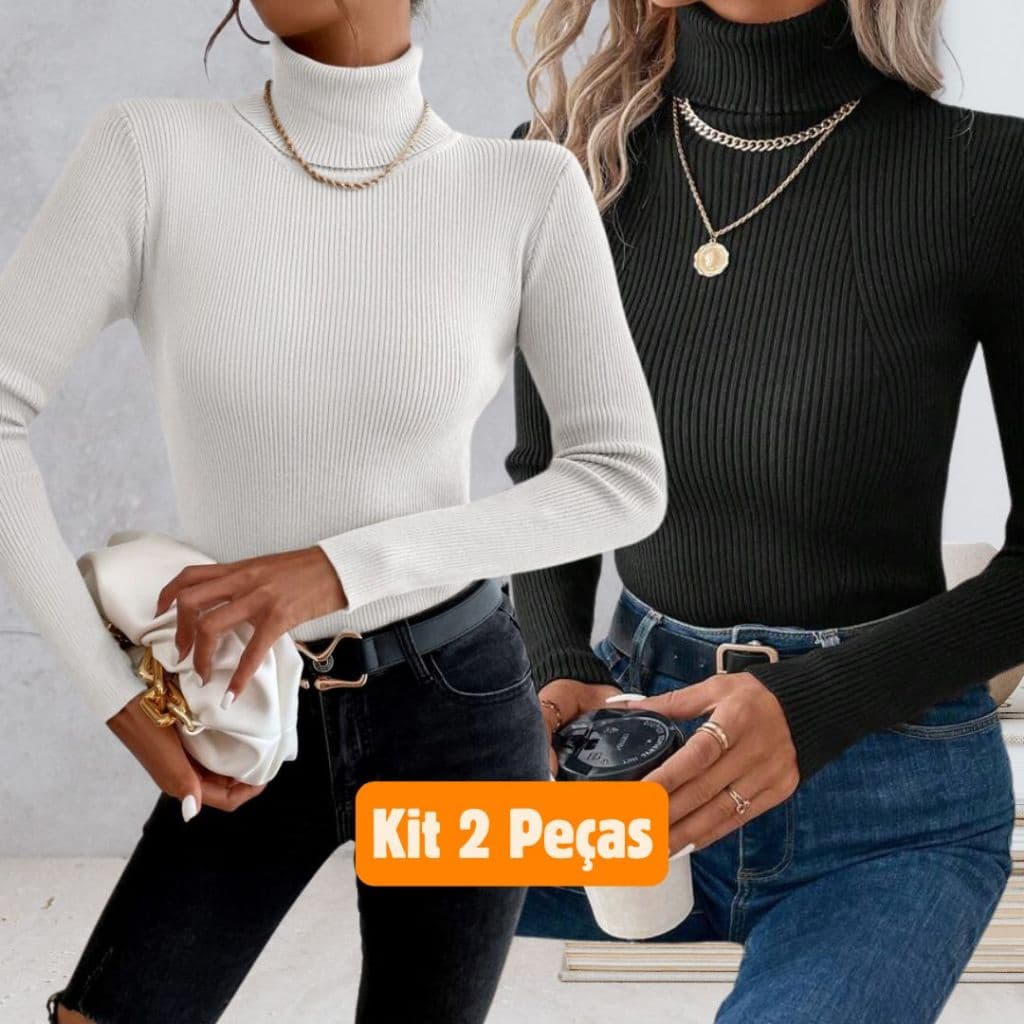 KIt 2 Blusas Feminina Cacharrel Tricot Básica Elegante Tricot Gola Alta Manga Longa Moda Inverno