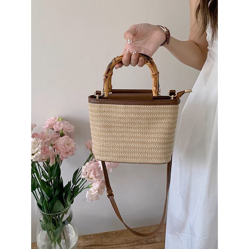 (jin101)Bolsa pequena de tiracolo trançada, bolsa de palha texturizada com alças, bolsa tote feminina de bambu com alças