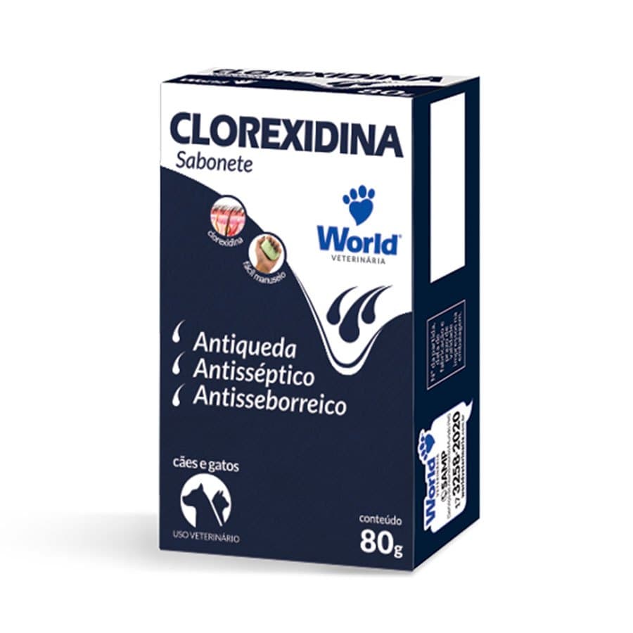SABONETE CLOREXIDINA ANTIQUEDA ANTISSÉPTICO ANTISSEBORREICO WORLD PARA CAES E GATOS