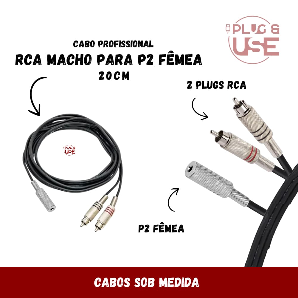 Cabo ADAPTADOR PROFISSIONAL Rca Macho Auxiliar P2 Femea 20cm Tv Dvd Fone De Ouvido