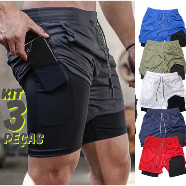 KIT 3 ou 2 Shorts Masculino 2 em 1 Corrida Forrado Compressão