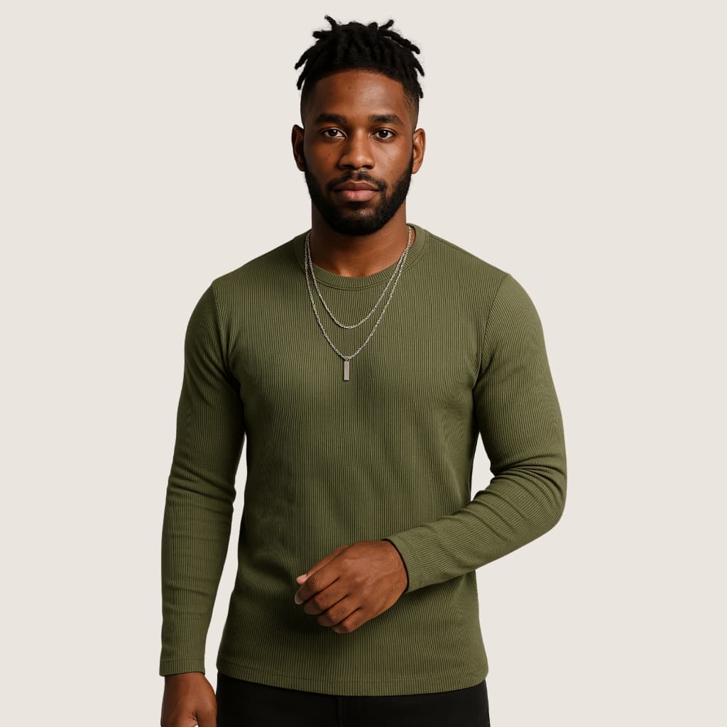 Manga Longa de Ribana Canelada Blusa Masculina Cacharréu Casual Justa ao Corpo Slim Fit
