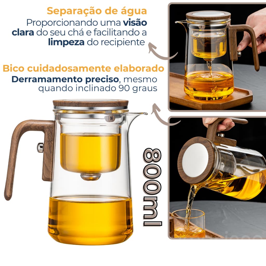 Chaleira Bule Infusor de Chá Vidro Borossilicato 800ml Aço Inox com Madeira Sistema Filtro Magnética