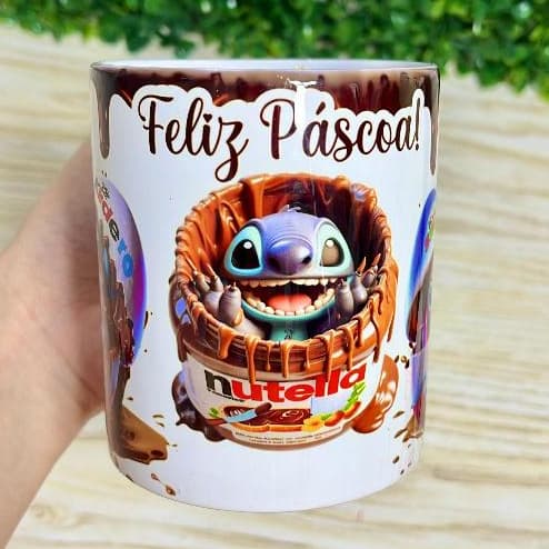 caneca stitch feliz páscoa personalizada presente com nome nutella kinder ovo