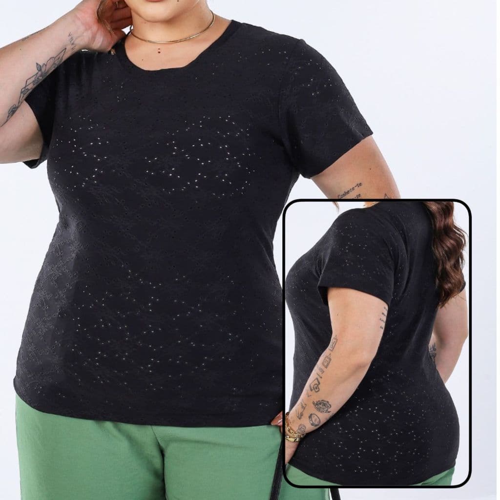 Blusa Manga Curta Feminina Casual Plus Size Malha Lese Leve Estilosa Detalhe de Metal na Gola