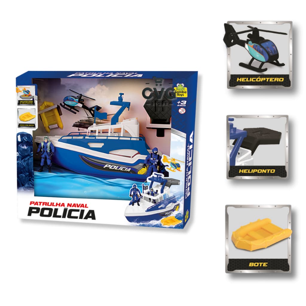 Brinquedo Barco Patrulha Naval Policia com Helicóptero, 2 Soldados e Acessórios