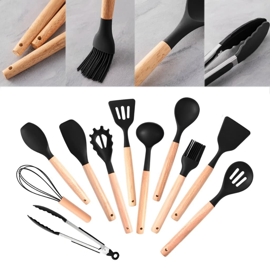 Kit 12 Peças Utensílios Silicone Cabo Madeira Fouet Pegador - VÁRIAS CORES