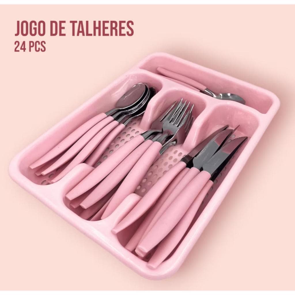 Faqueiro 24 Peças Aço Inox Rosa c/ Gaveteiro Organizador Moderno e Prático para Cozinha