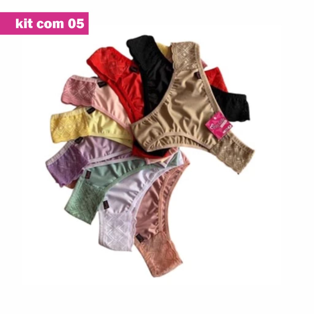 Kit 5 Calcinhas Microfibra Cintura Alta Com Renda