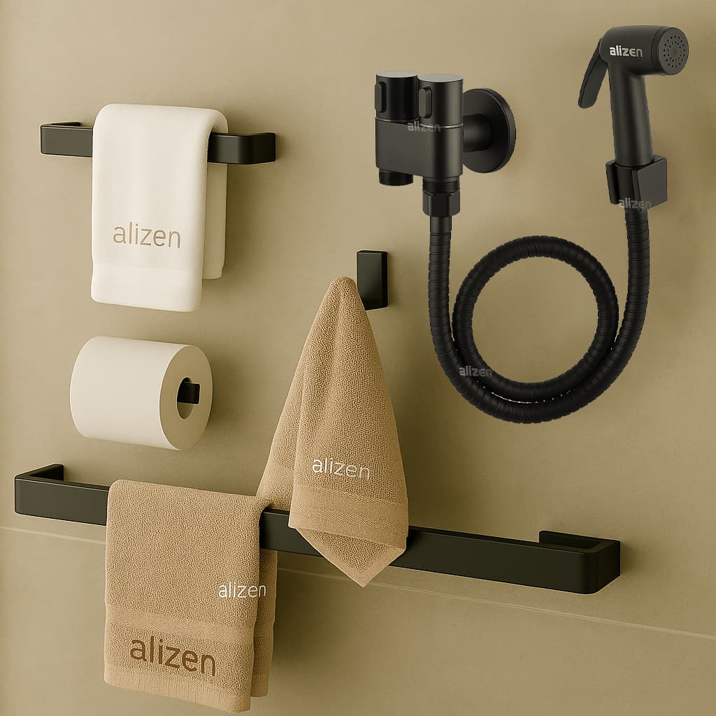 Kit Acessórios de Banheiro Preto Fosco com Ducha Higiênica Saída Dupla e Porta Toalhas