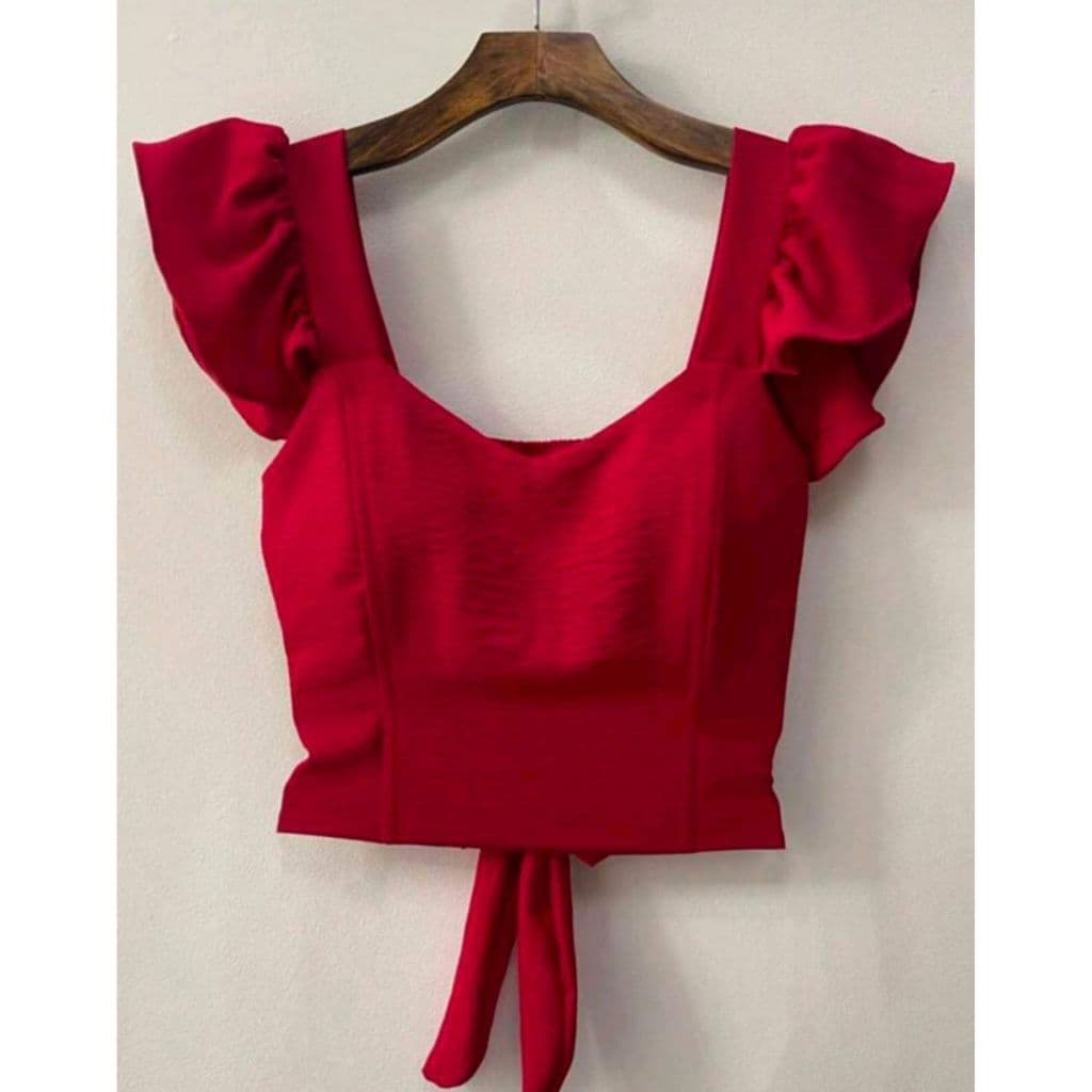 Blusa Cropped com Bojo Alça Babado e Atras com Amarrar Tecido Duna Moda Praia Verão