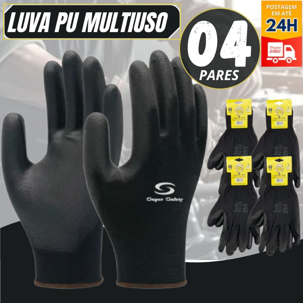 04 PARES DE LUVA SS1003 COM PU MULTITATO PRETA SEGURANÇA INDIVIDUAL - ENVIO IMEDIATO
