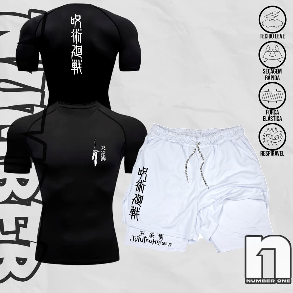 Kit Academia Camiseta Compressao E Short 2 em 1 Jujutsu Kaisen Toji Escrita Japones Secagem Rapida
