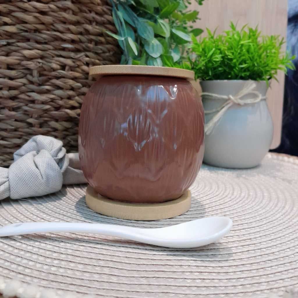 Açucareiro com detalhes em bambu na cor VERMELHO/MARROM colher de cerâmica CAFÉ CHÁ
