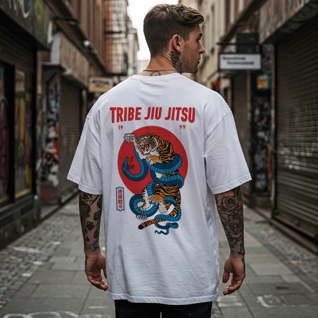 Camiseta Oversized Tribo do Jiu Jitsu Frente e Costa em Algodão