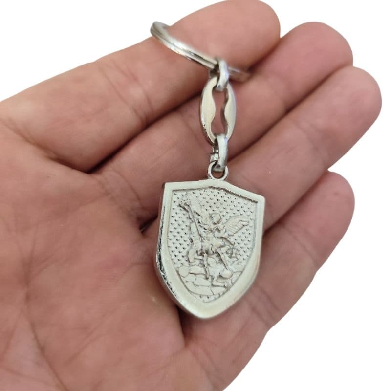 2 Chaveiros Escudo São Miguel Arcanjo Padrão Italiano Metal Prateado