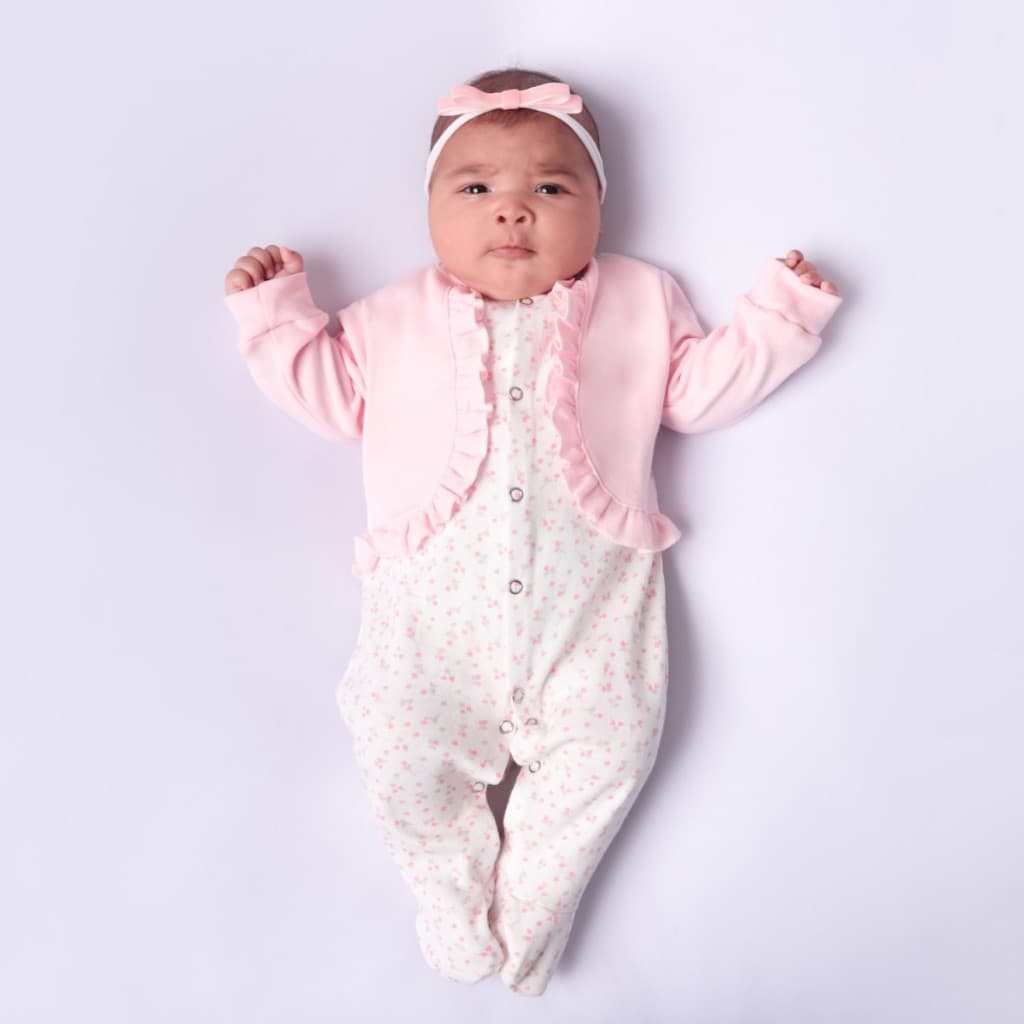 Macacão de Bebe Menina Detalhe Tipo Coletinho com Babadinhos Floral Charme Maternidade 100% Algodão