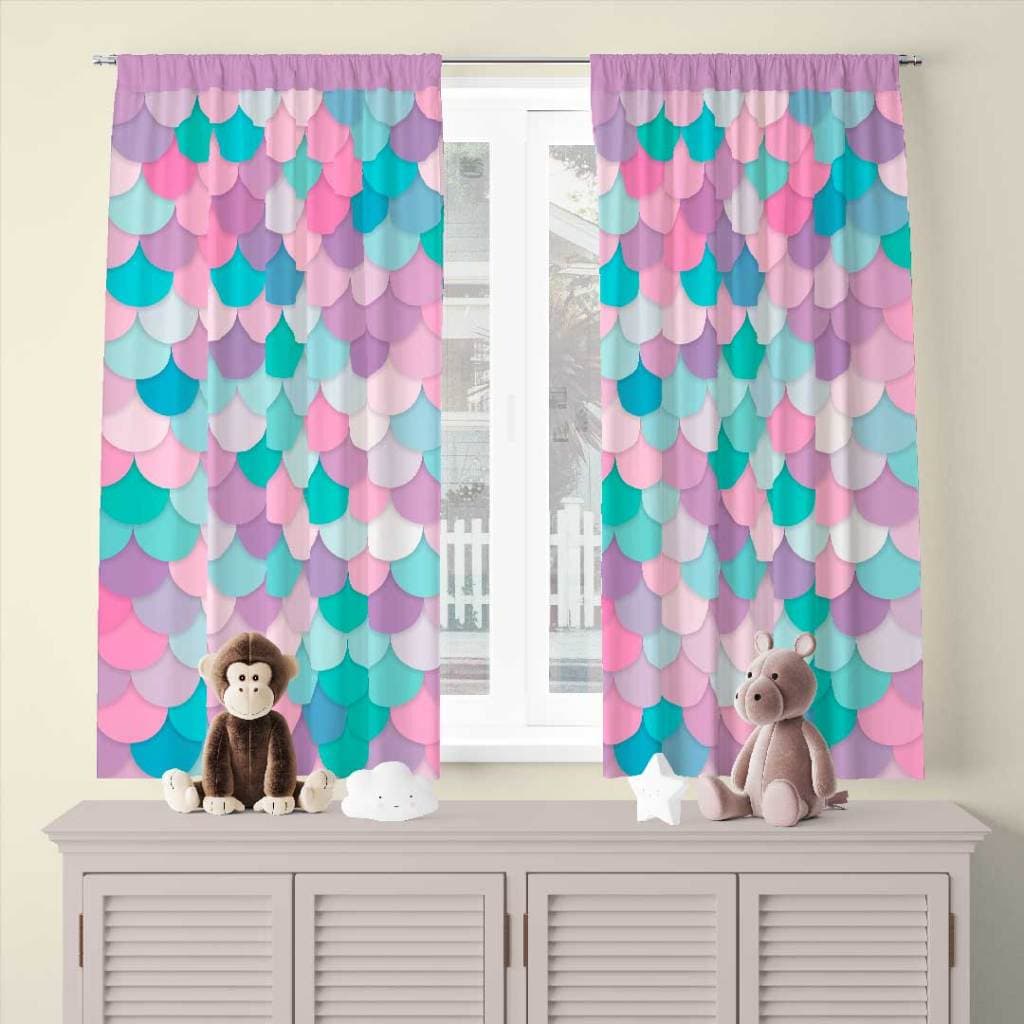 Cortina para Quarto Infantil passa varão 2.00m x 1.36m Decorativa 100% Poliéster Sereias