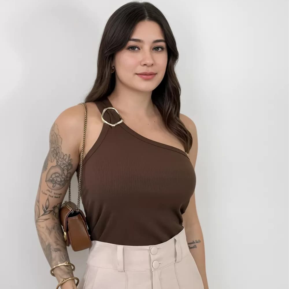 Blusa Feminina Estilosa Nula Manga Argola Assimétrica Dourada Elegante P-M-G-GG  PROMOÇÃO