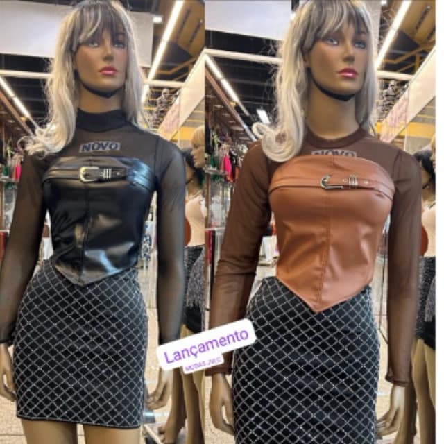 BLUSA COURO CROPPED REGULÁVEL CORSET MODELADOR DE CORPO COM BODY MANGA LONGA DE TULE
