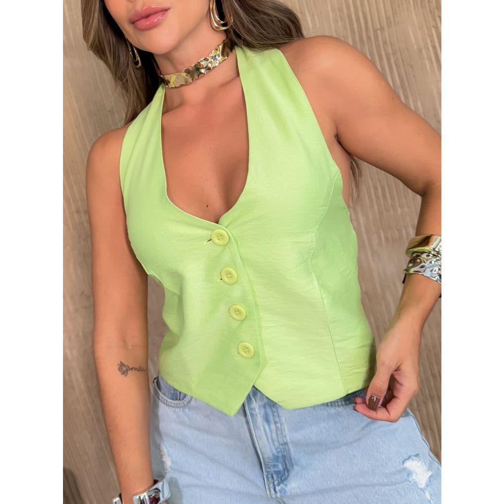 SM Colete Feminino Cropped em Linho Marrant - Elegância e Estilo Casual - Y-085