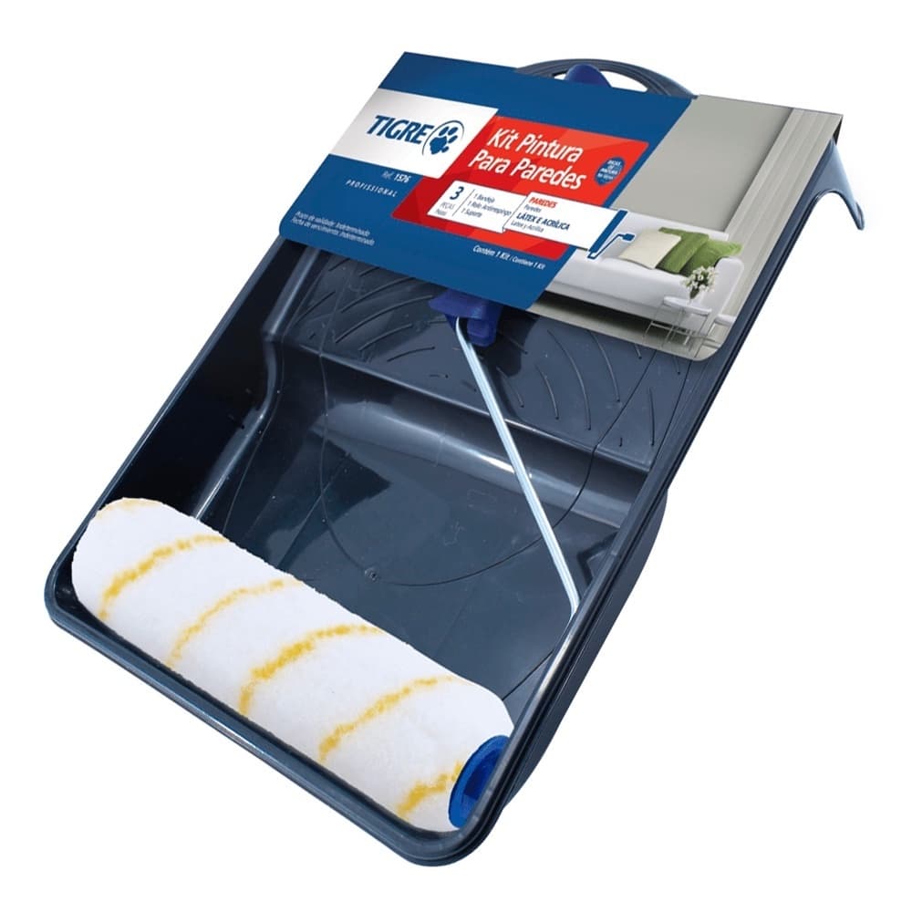 Kit Pintura Para Paredes Profissional 3 Peças - 1 Rolo Antirrespingo 1 Suporte / 1 Bandeja - Tigre