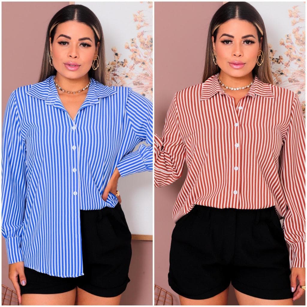 Camisa feminina Social  e Casual  Manga longa Listrada  em Crepinho com Textura Macia  - Moda Casual