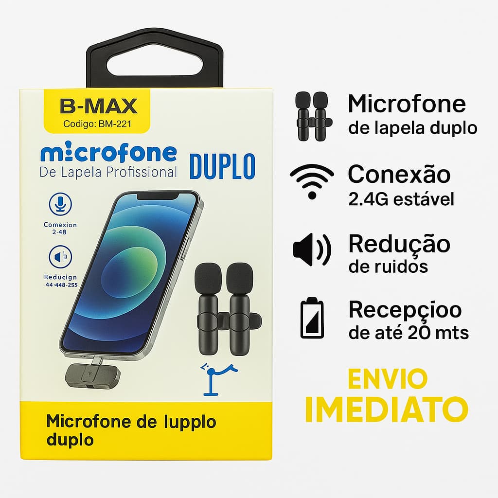 Microfone Sem Fio Duplo Lapela Vlog Tipo C Microfone de Lapela - BM-221