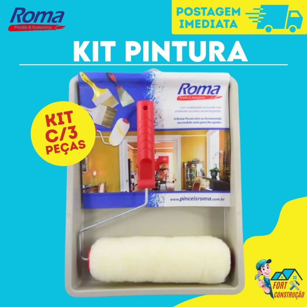 Kit Pintura Parede 3 Peças Roma - Rolo De Pintura Para Parede 23cm + Cabo para Rolo + Bandeja