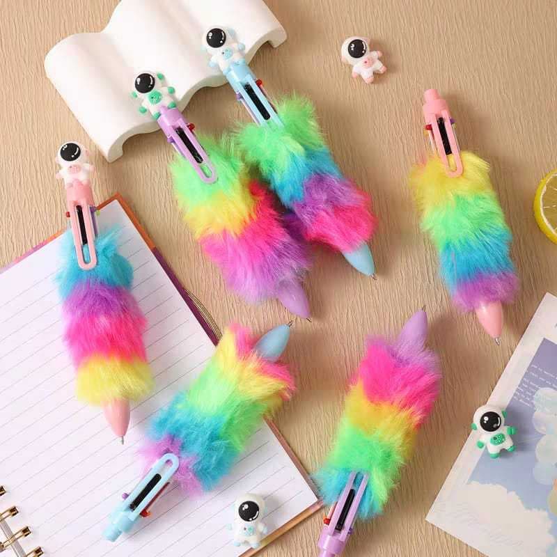 6 Colors Caneta Esferográfica Criativa com Pelúcia - Estilo Unicórnio, Gato ou Astronauta
