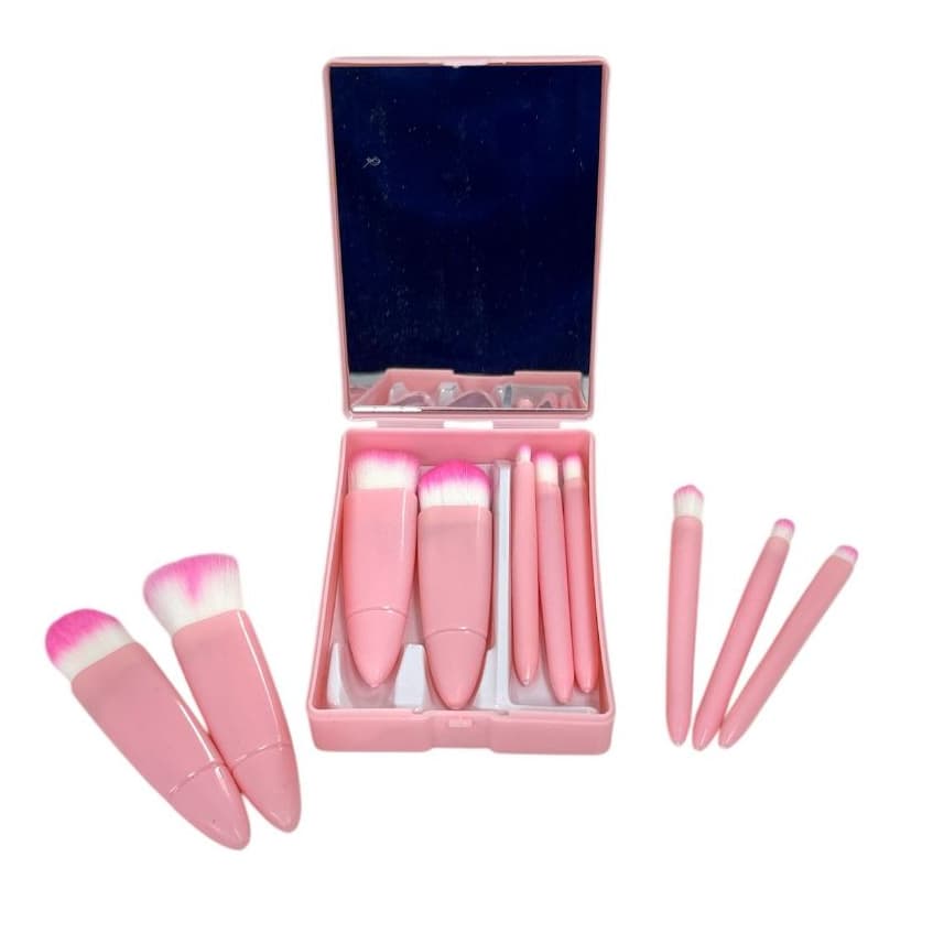 Espojinho Rose  Com 5 Pinceis e Espelho Portátil