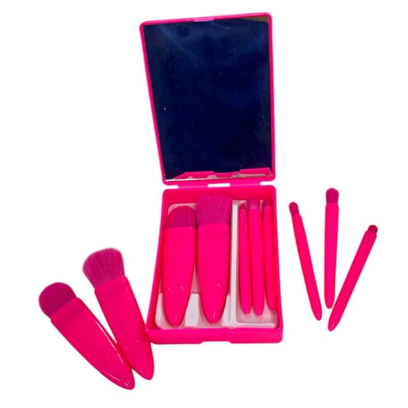 Estojinho Rosa Com 5 Pinceis e Espelho Portátil