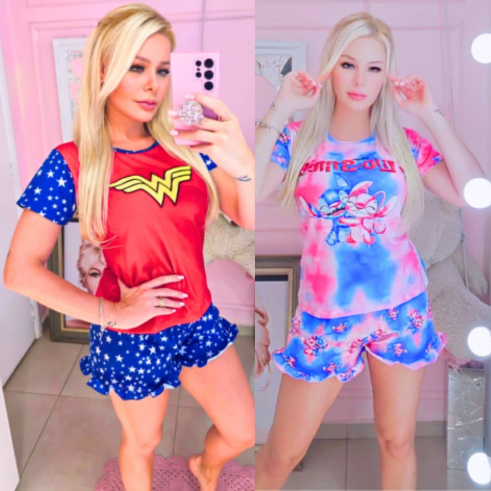 Conjunto Pijama Verão Feminino Baby Doll Blusinha Shorts Babado Luxo Personagens
