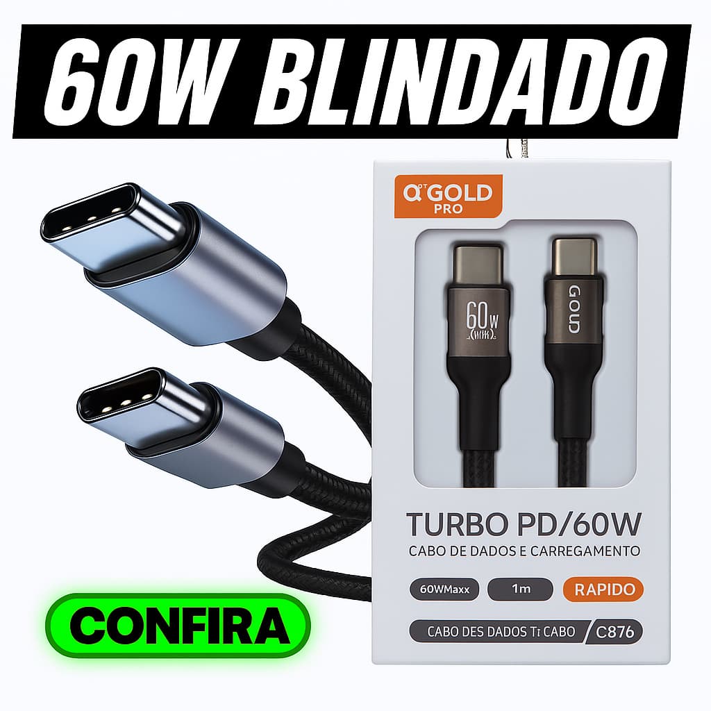 Cabo Tipo C Turbo 60W 1 Metro Android e Iphone 15 / 15 Plus / 15 Pro / 15 Pro Max /16