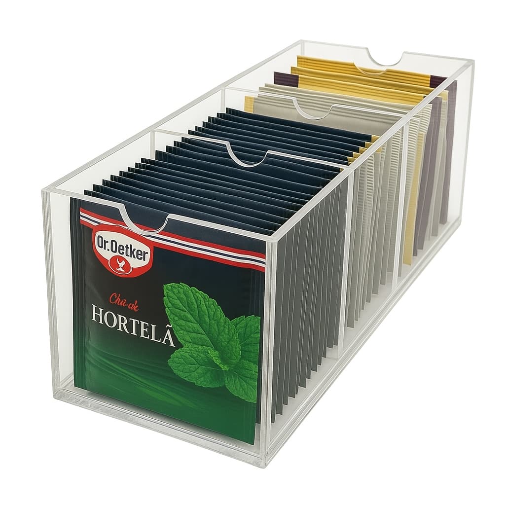 Porta Sachê Chá em Acrílico Cristal com 4 Divisões Nichos Sem tampa Decoração Cantinho do Café