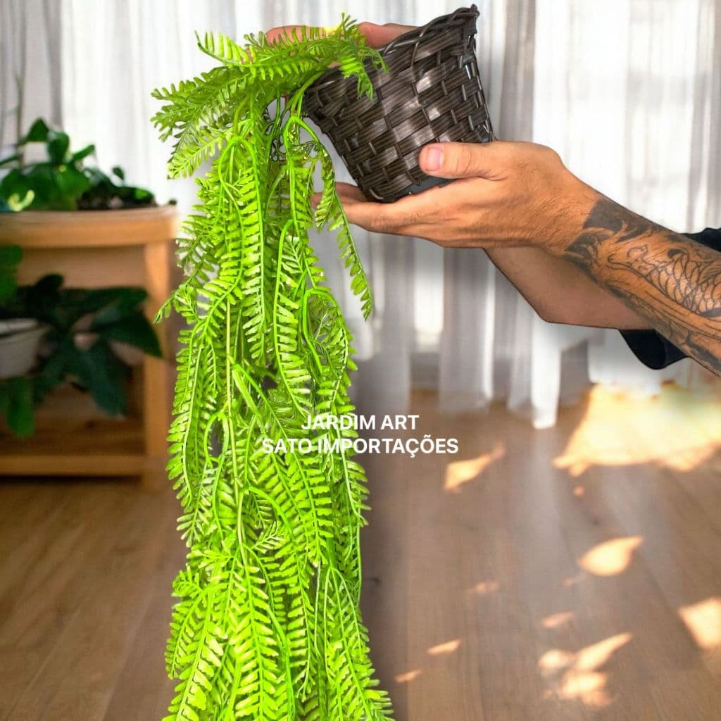 Kit Planta Decorativa: Vaso Trançado Marrom + 1 Pendente Artificial Folhas De SAMAMBAIA PT15
