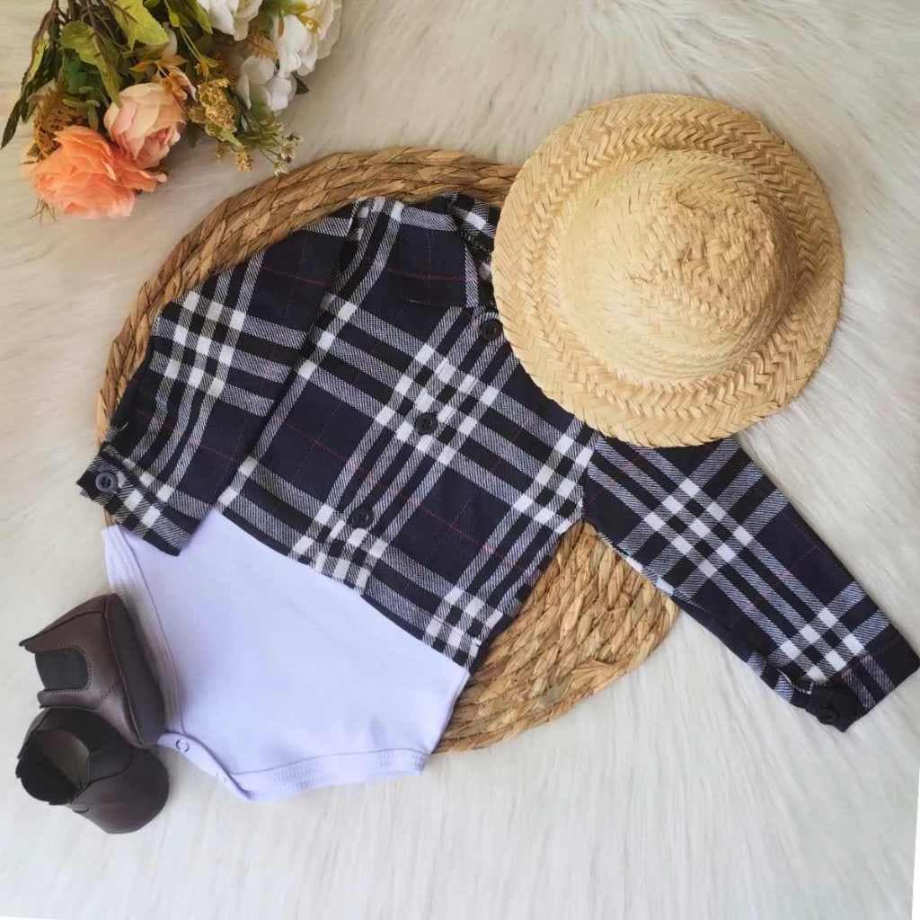 Body Xadrez Azul Manga Longa Bebê Menino Festa Junina São João