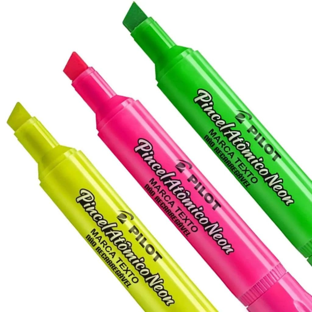 Caneta Pincel Atômico Neon Marca Texto Neon (Amarelo, Rosa e Verde) - Pilot